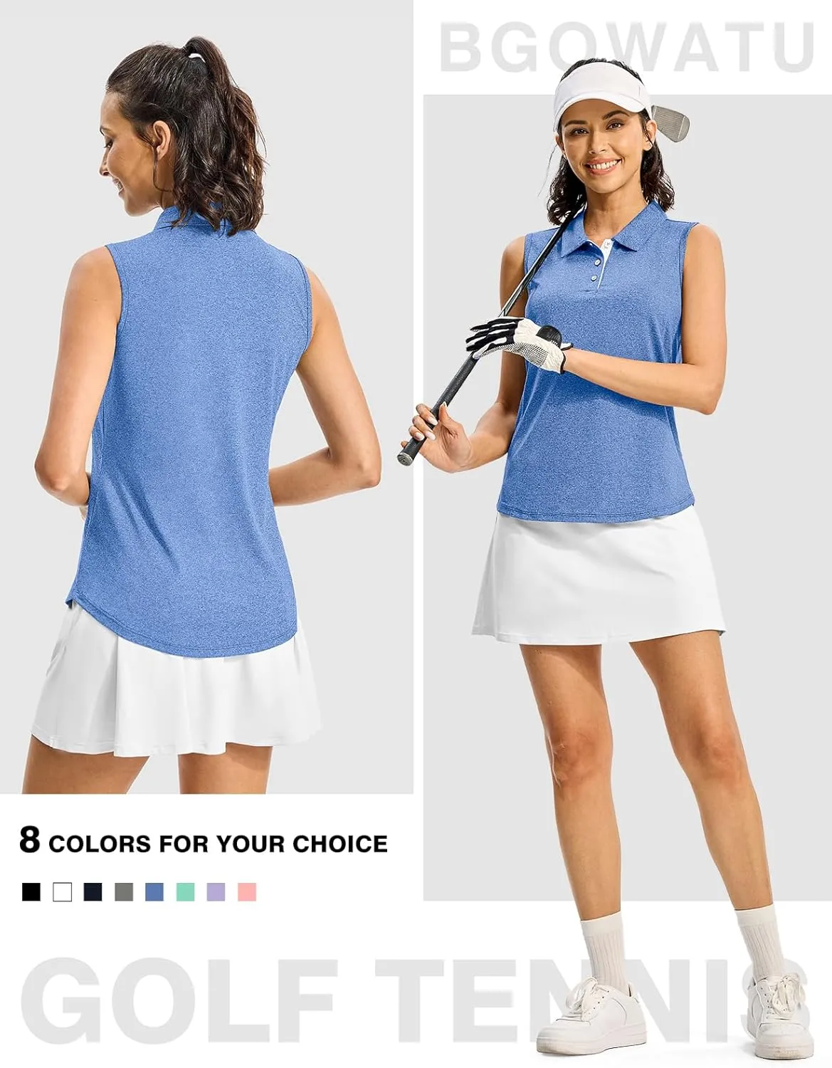 BGOWATU Women's Golf Shirts Sleeveless Polo Shirts Collared 3 Buttons Tennis Tank Tops UV Protection Quick Dry