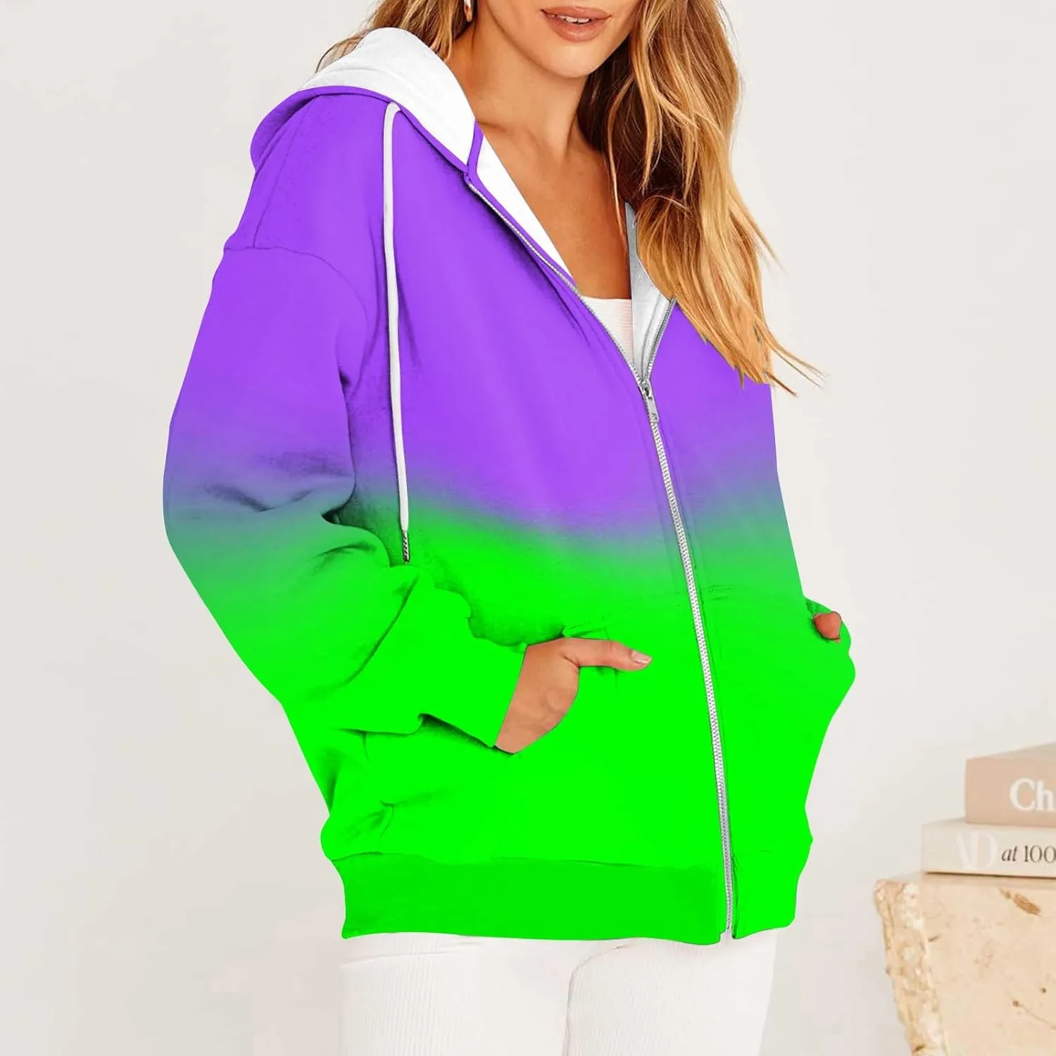 Bidobibo Zip Up Hoodie Women Gradient Color Pattern Zipper Hooded Plus Size Jacket Oversized Tunic Sweatshirt for Women