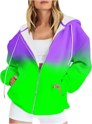 Bidobibo Zip Up Hoodie Women Gradient Color Pattern Zipper Hooded Plus Size Jacket Oversized Tunic Sweatshirt for Women