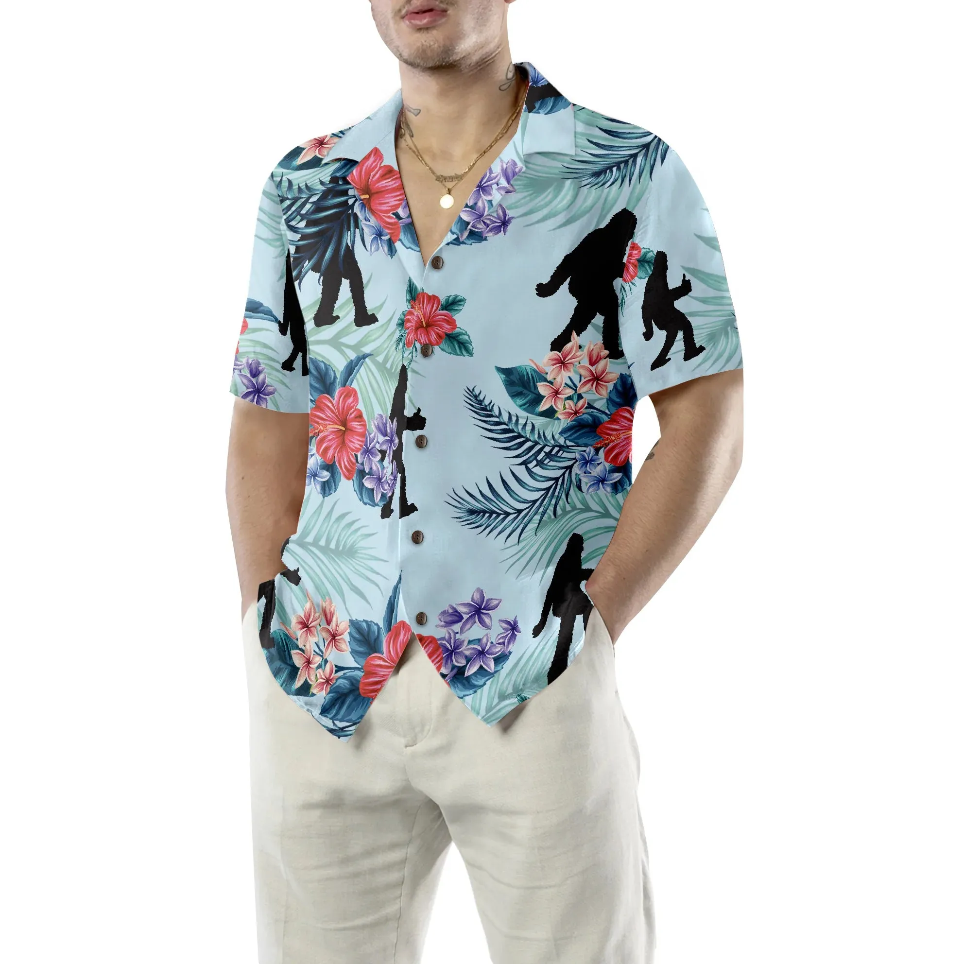 Bigfoot Bluebonnet Bigfoot Hawaiian Shirt, Arctic Blue Texas Floral And Leaves Bigfoot Shirt For Men, Bigfoot Tropical Flowers Aloha Shirt For Men, Perfect Gift For Summer Lovers, Friends, Husband, Boyfriend, Family