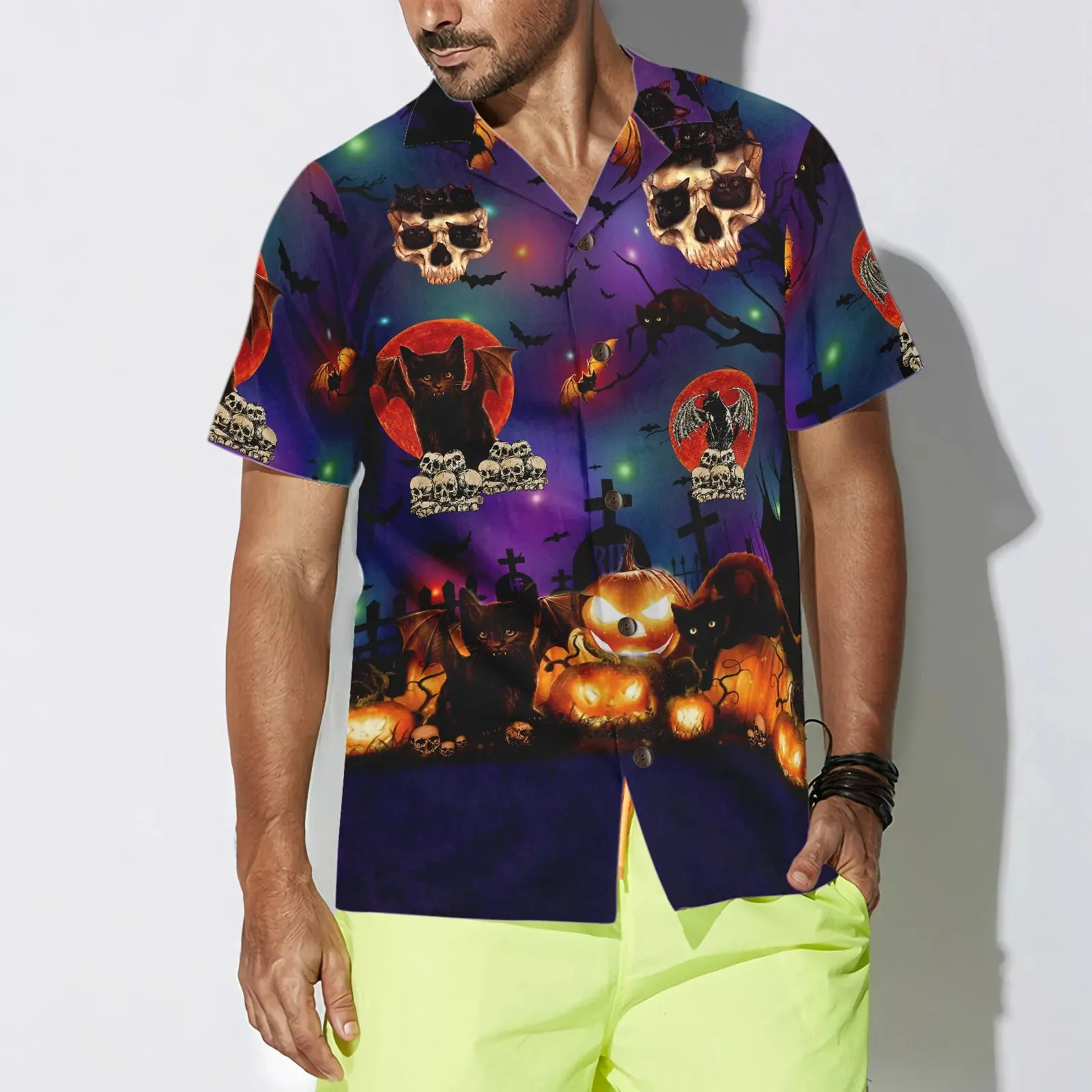 Black Cat And Skull Hawaiian Shirt, Halloween Hawaiian Shirt For Men - Perfect Gift Husband, Wife, Boyfriend, Girlfriend, Family, Friends