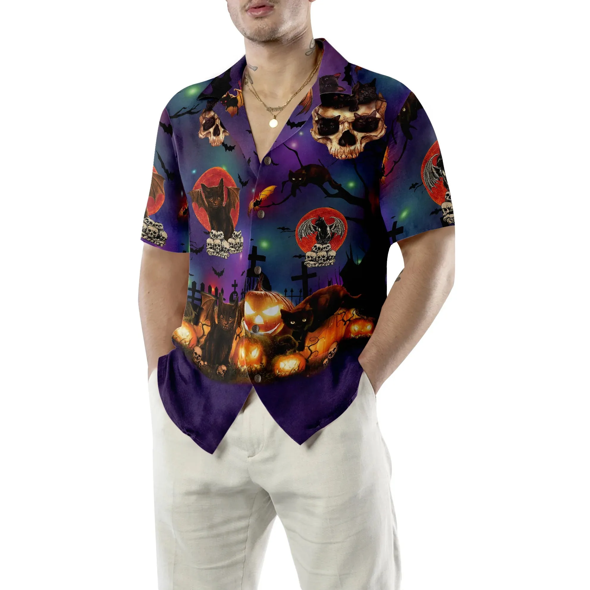 Black Cat And Skull Hawaiian Shirt, Halloween Hawaiian Shirt For Men - Perfect Gift Husband, Wife, Boyfriend, Girlfriend, Family, Friends