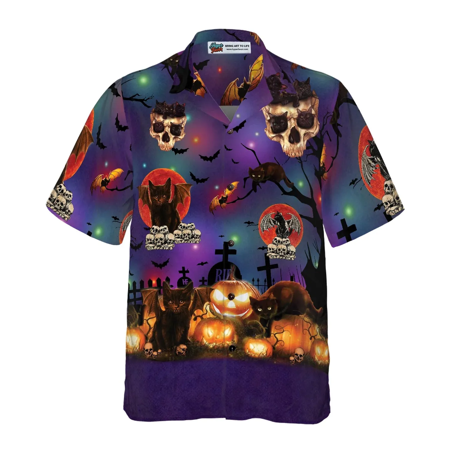 Black Cat And Skull Hawaiian Shirt, Halloween Hawaiian Shirt For Men - Perfect Gift Husband, Wife, Boyfriend, Girlfriend, Family, Friends