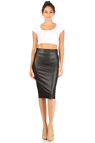 Black Leather Skirt for Women Below Knee Length Faux Leather Skirt Midi Bodycon Pencil Skirth Skirt Midi Bodycon Skirt Womens (Size XX-Large, Black Leather)