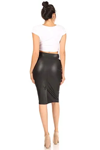 Black Leather Skirt for Women Below Knee Length Faux Leather Skirt Midi Bodycon Pencil Skirth Skirt Midi Bodycon Skirt Womens (Size XX-Large, Black Leather)