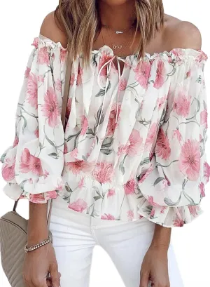 BLENCOT Summer Sexy Off Shoulder Tops for Women Boho Ruffle Sleeve Floral Chiffon Shirts Blouses