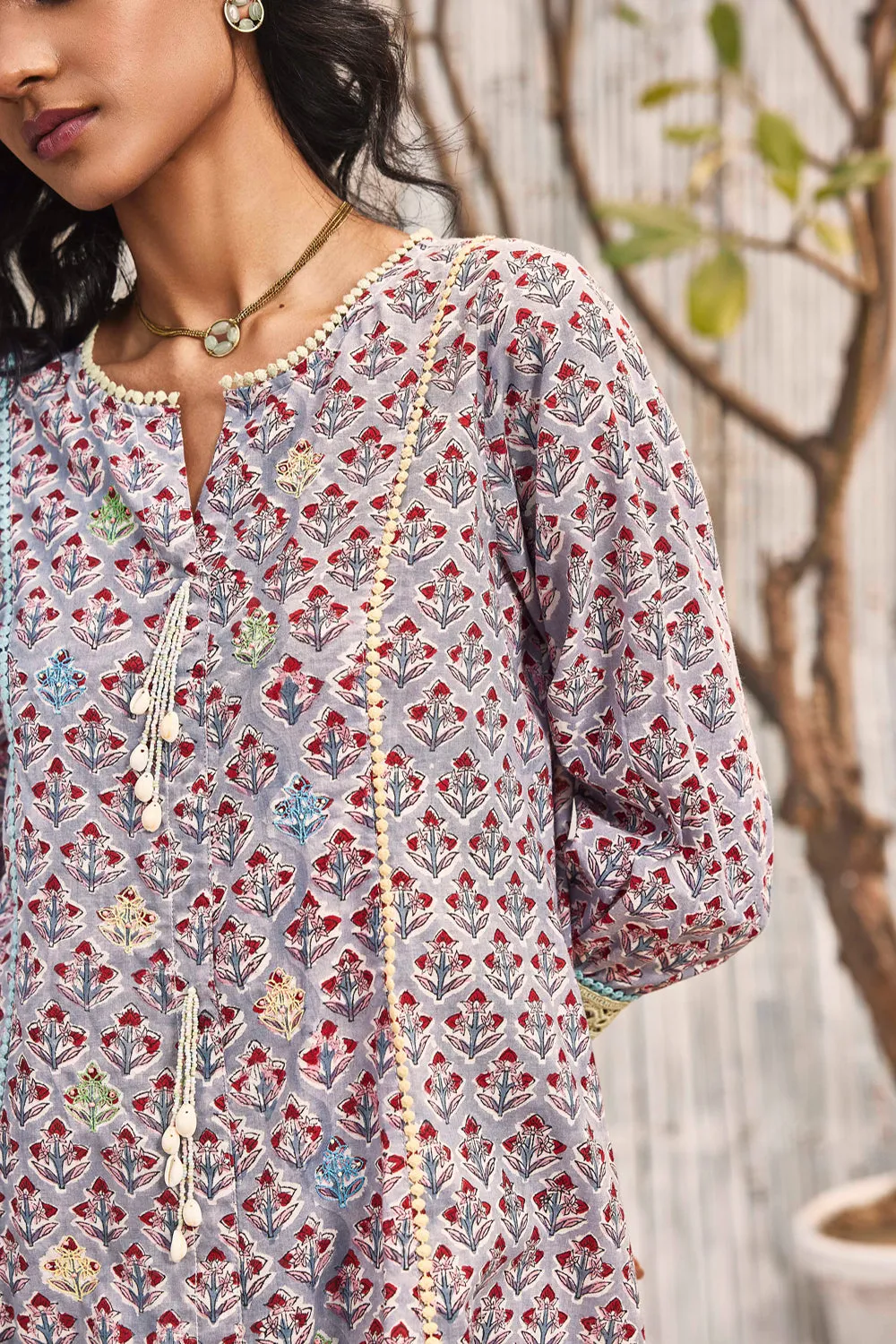 Block Print High Low Kurta With Pant - Set Of 2
