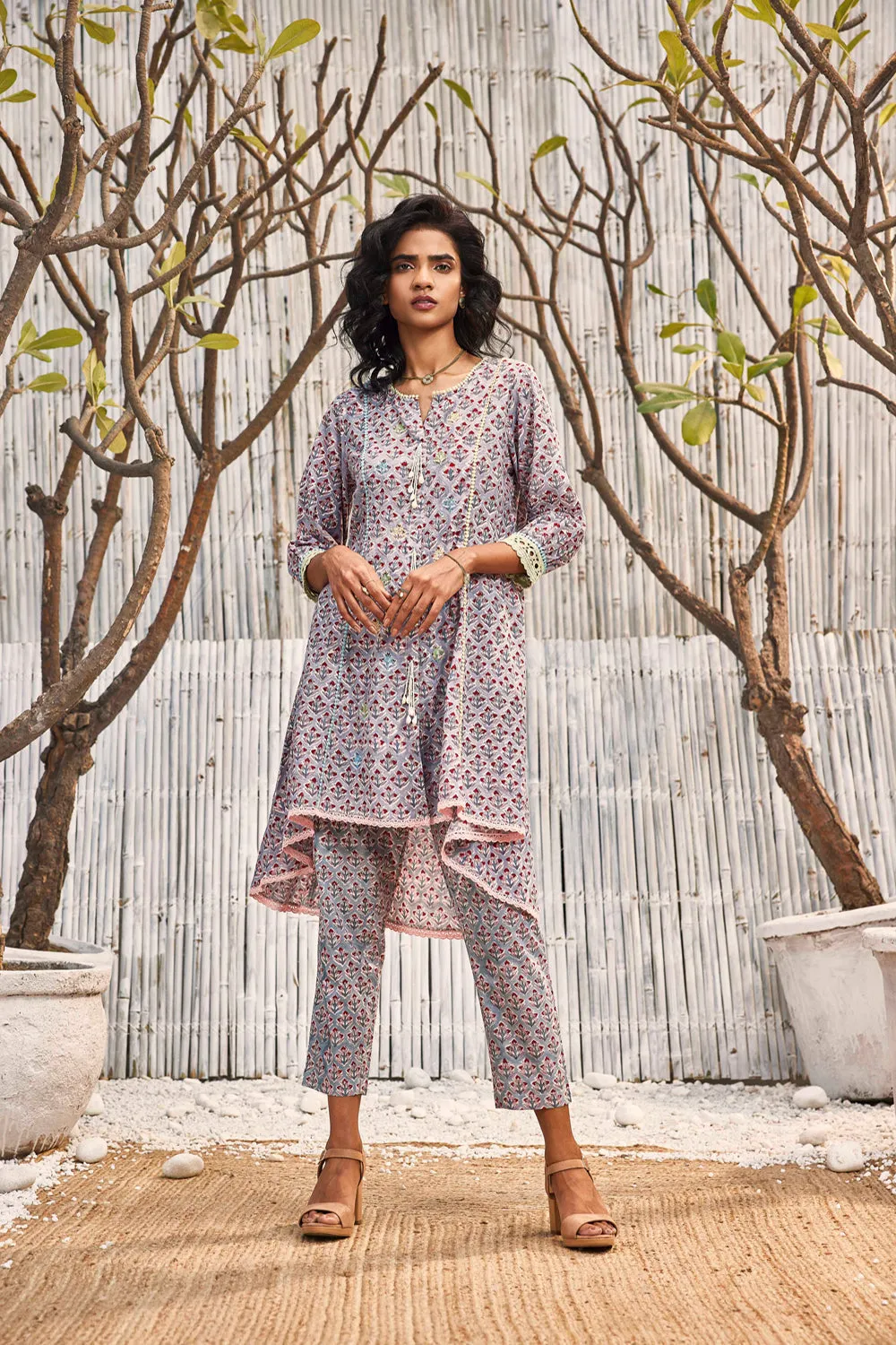 Block Print High Low Kurta With Pant - Set Of 2
