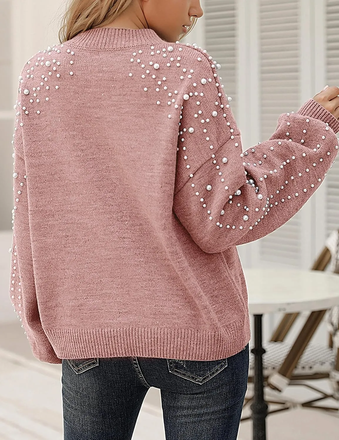 Blooming Jelly Women's Chunky Sweater Crewneck Sweatshirt Knit Lantern Sleeve Oversized Pullover Sweater with Pearls