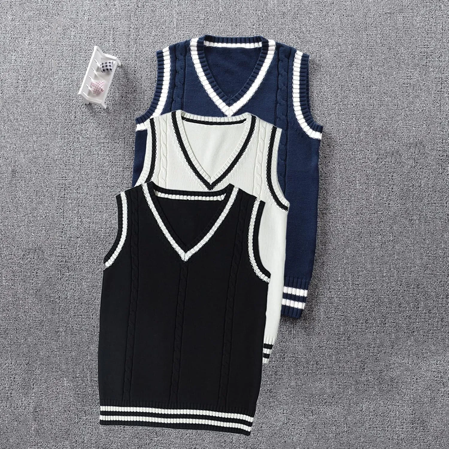 Blostirno Womens Sweater Vest V Neck JK Uniform Kint Vests Solid Classic Sleeveless Pullover Sweaters Tops