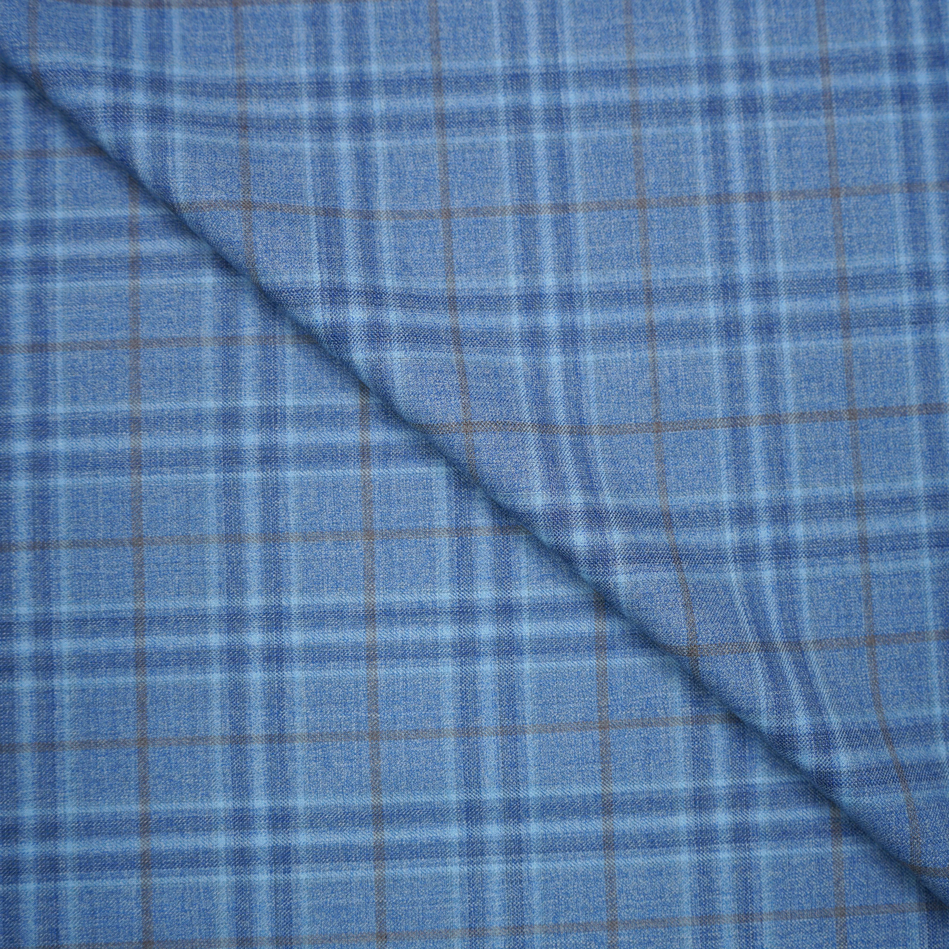 Blue Block Plaid with Antique Gold Windowpane Holland & Sherry Royal Mile Plains Suiting Fabric