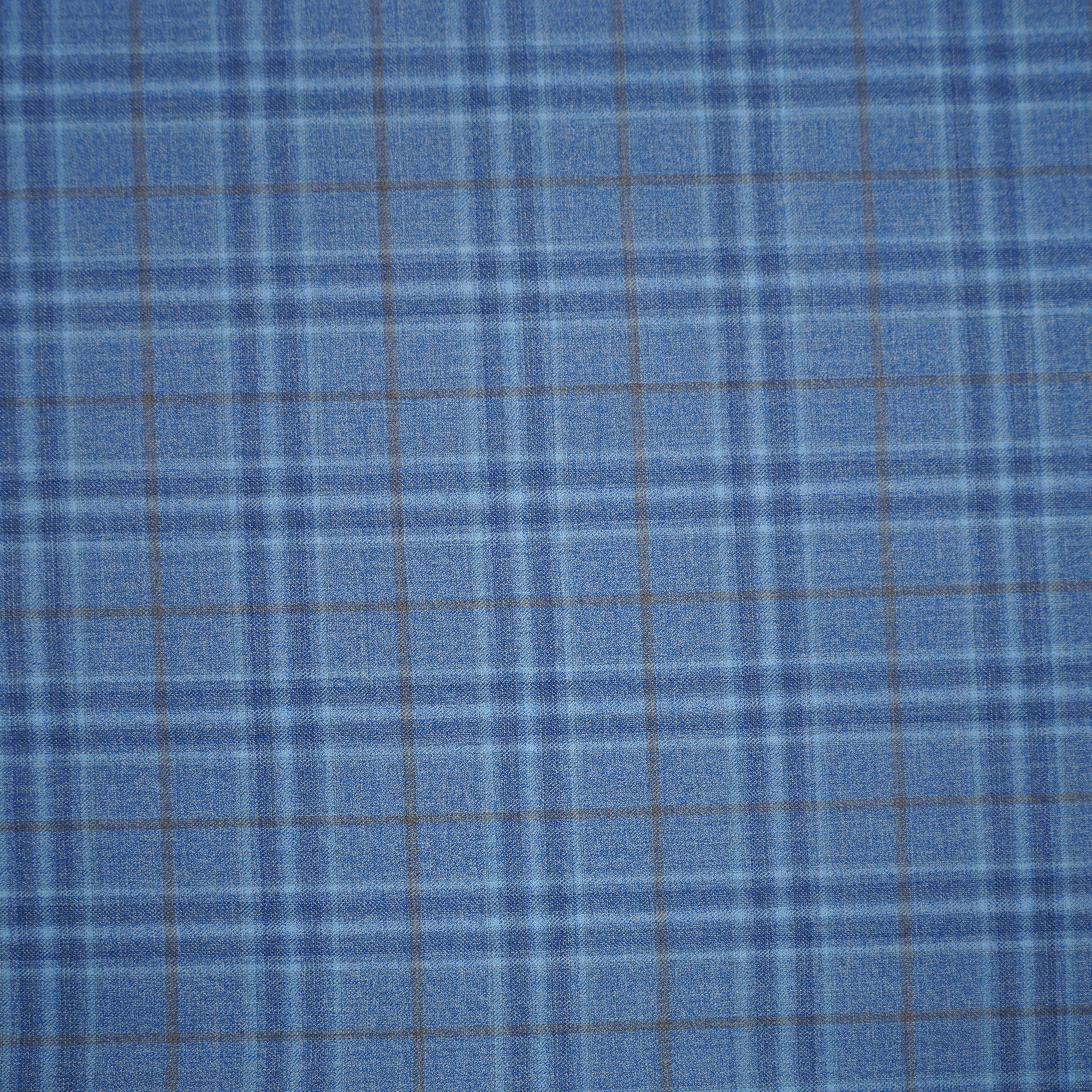 Blue Block Plaid with Antique Gold Windowpane Holland & Sherry Royal Mile Plains Suiting Fabric