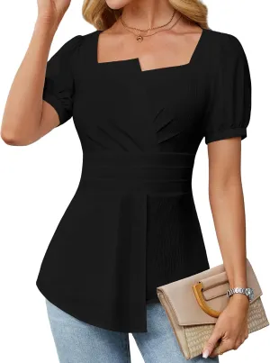 BMJL Women's Dressy Casual Blouses Business Casual Tops 2025 Summer Short Sleeve Work Shirt Smocked Back