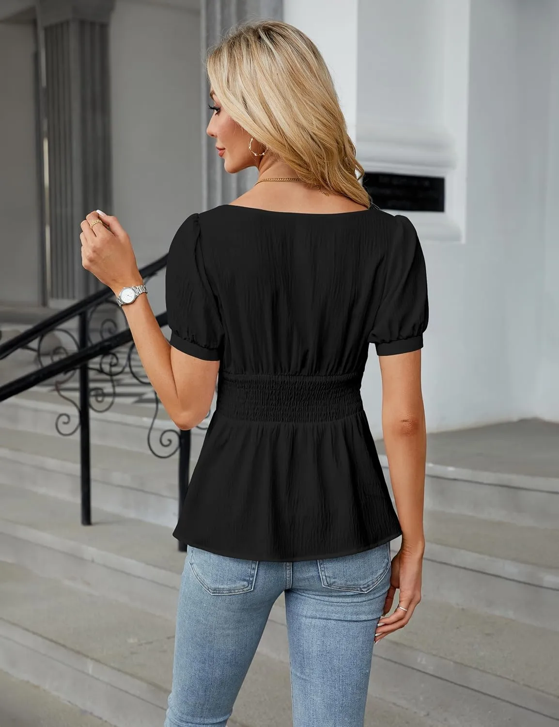 BMJL Women's Dressy Casual Blouses Business Casual Tops 2025 Summer Short Sleeve Work Shirt Smocked Back