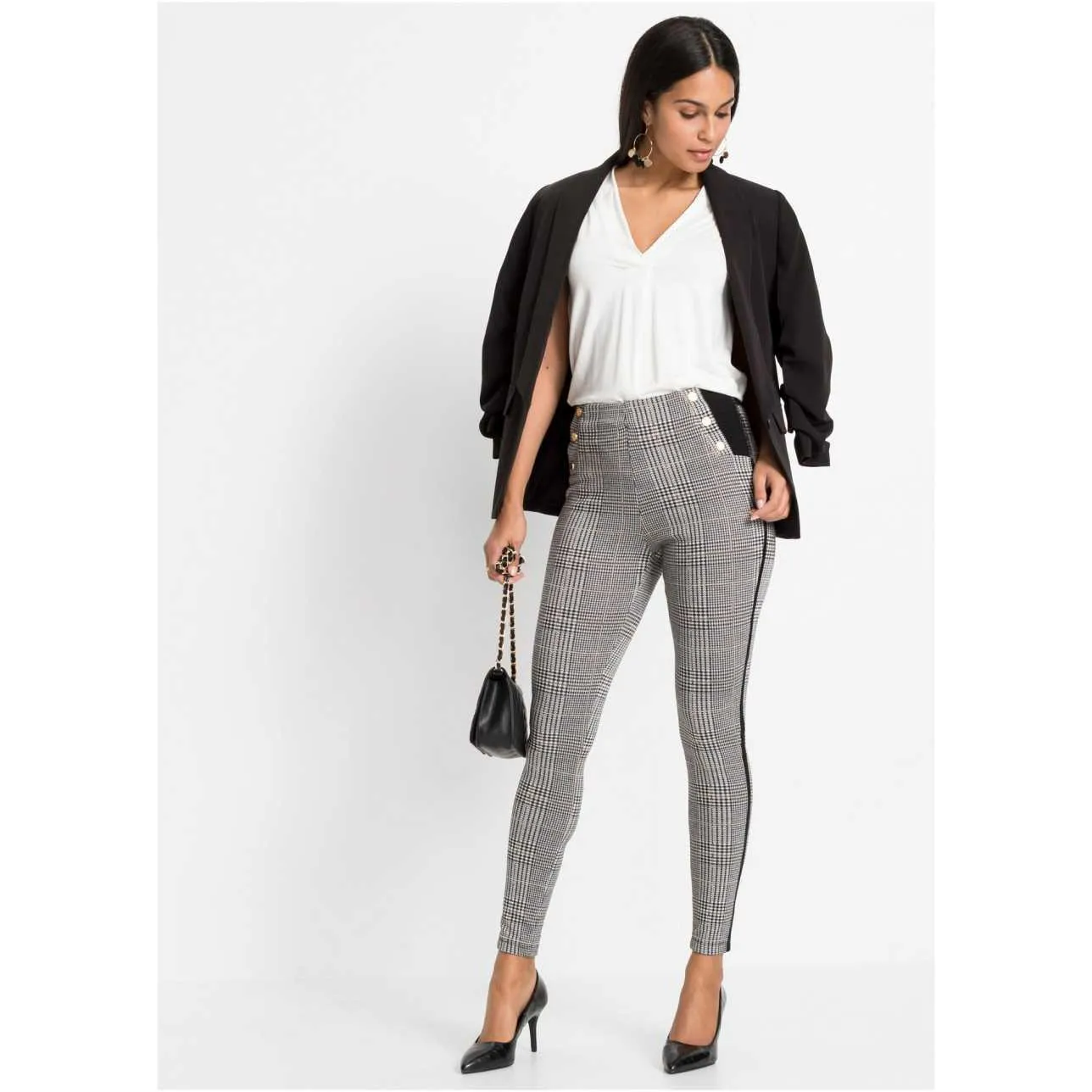Bodyflirt Black Checked Piped Stretch Trousers
