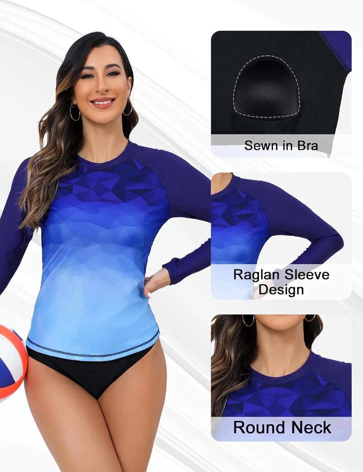 Bonneuitbebe Women Rash Guard with Bra UPF 50  Long Sleeve Swim Shirts Quick Dry Printed SPF Shirts Beach Water Swimwear