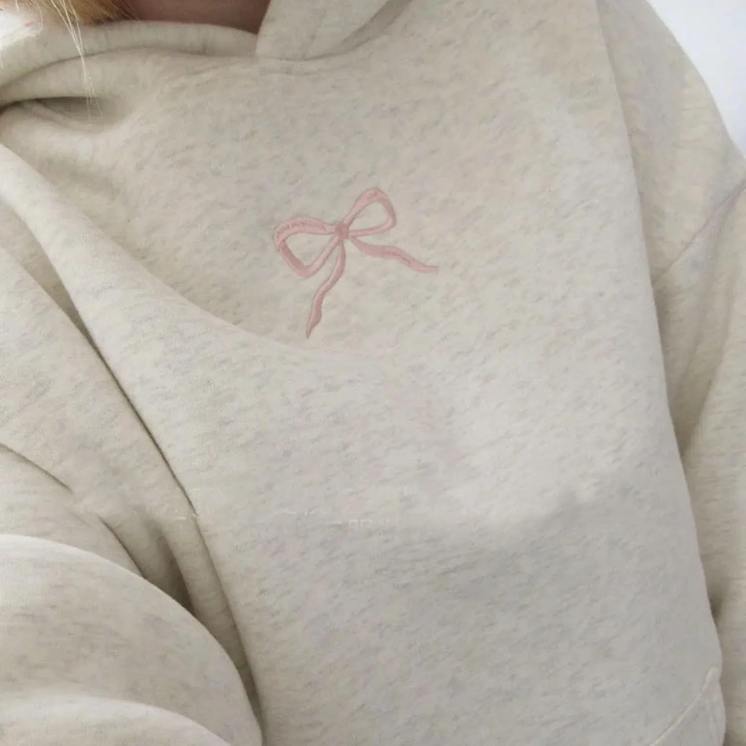 Bow Hoodies For Women Oversized Embroidered Trendy Preppy Cute A Pink Puff Sweatshirts Casual Aesthetic Pullover Tops