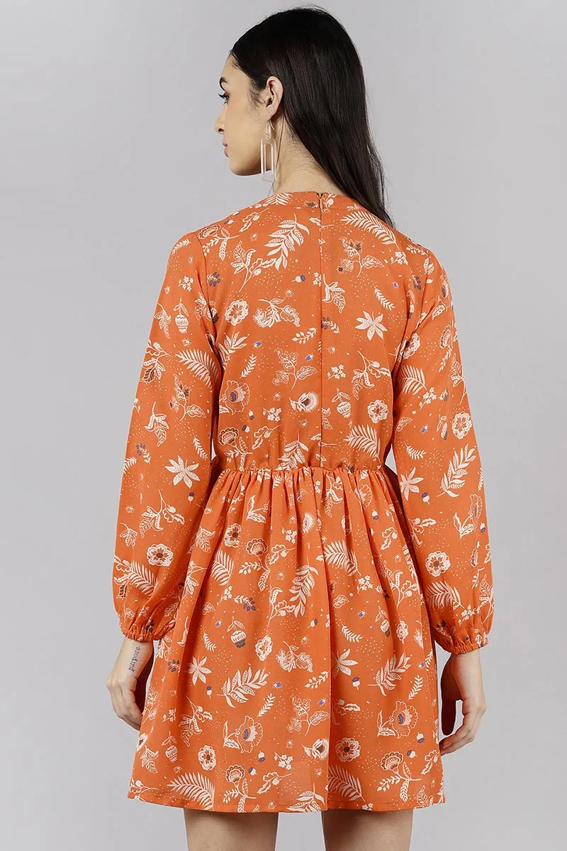 Bright Orange Polyester Floral Printed Short Dress