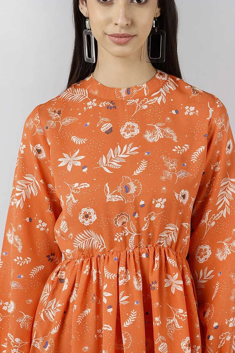 Bright Orange Polyester Floral Printed Short Dress