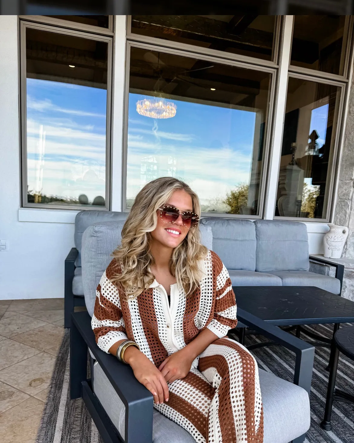 Brown & Cream Stripe Vacay Cover Up Stretchy Sweater Pant Knit Set