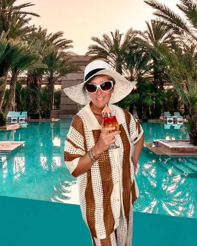 Brown & Cream Stripe Vacay Cover Up Stretchy Sweater Pant Knit Set