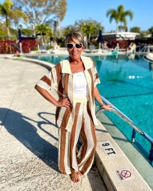 Brown & Cream Stripe Vacay Cover Up Stretchy Sweater Pant Knit Set