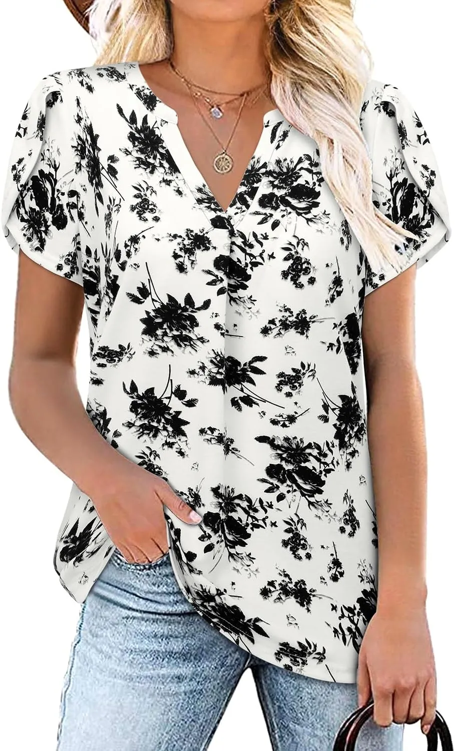 Bulotus Women Summer Casual Short Sleeve T-Shirts V Neck Tops Short Sleeve Loose Fit Tunic Blouses