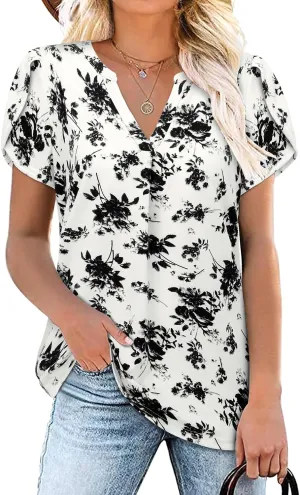 Bulotus Women Summer Casual Short Sleeve T-Shirts V Neck Tops Short Sleeve Loose Fit Tunic Blouses