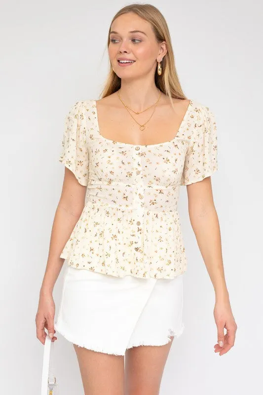Button Down Back Smocking Ditsy Print Top