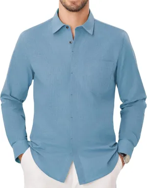 Button Down Linen Shirts for Men Casual Long Sleeve Shirts Cotton Linen Shirt with Pockets Speard Collar