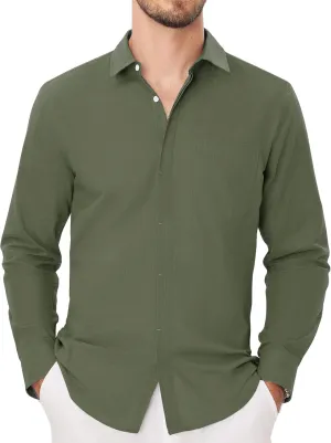 Button Down Linen Shirts for Men Casual Long Sleeve Shirts Cotton Linen Shirt with Pockets Speard Collar