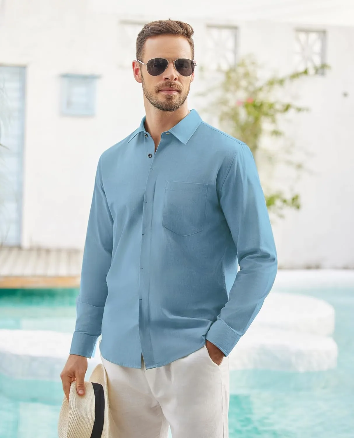 Button Down Linen Shirts for Men Casual Long Sleeve Shirts Cotton Linen Shirt with Pockets Speard Collar