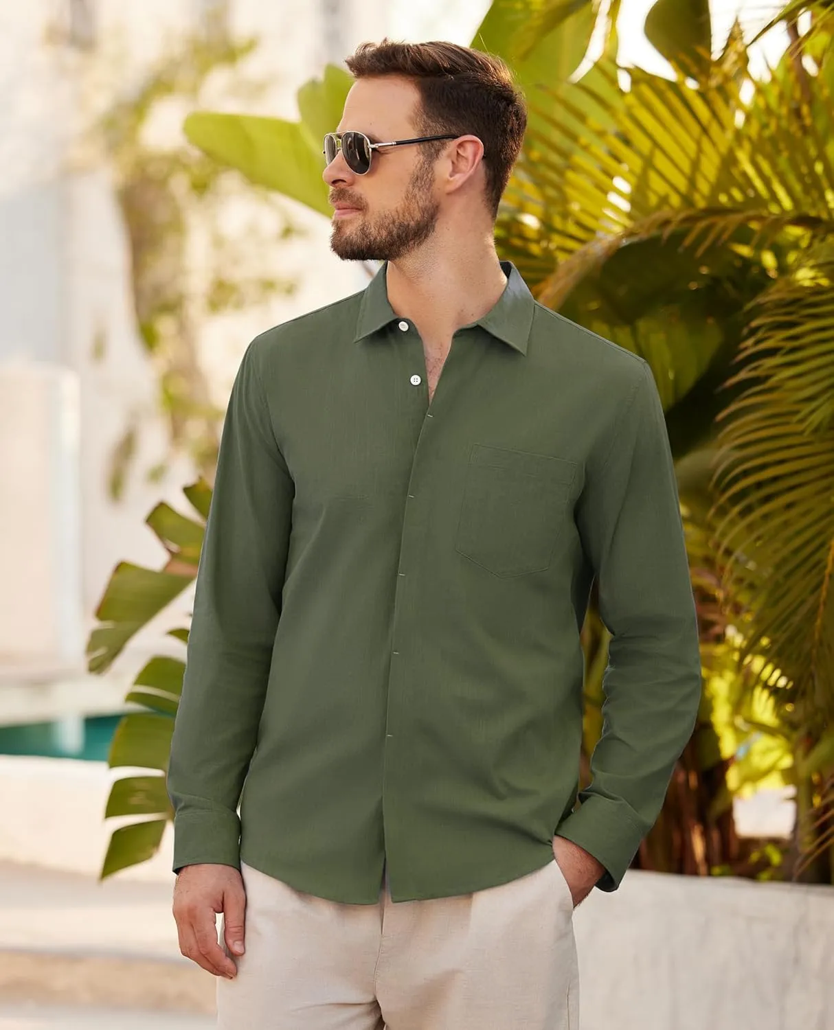 Button Down Linen Shirts for Men Casual Long Sleeve Shirts Cotton Linen Shirt with Pockets Speard Collar