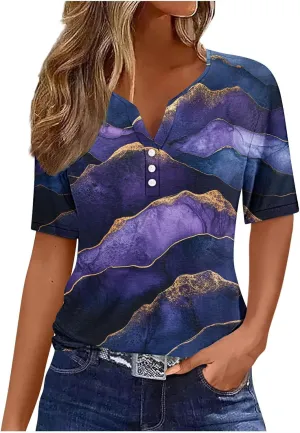 Button Down Shirts for Women Short Sleeve Summer Casual Tops V Neck Floral Print Henley Tshirt Trendy Tunic Blouses
