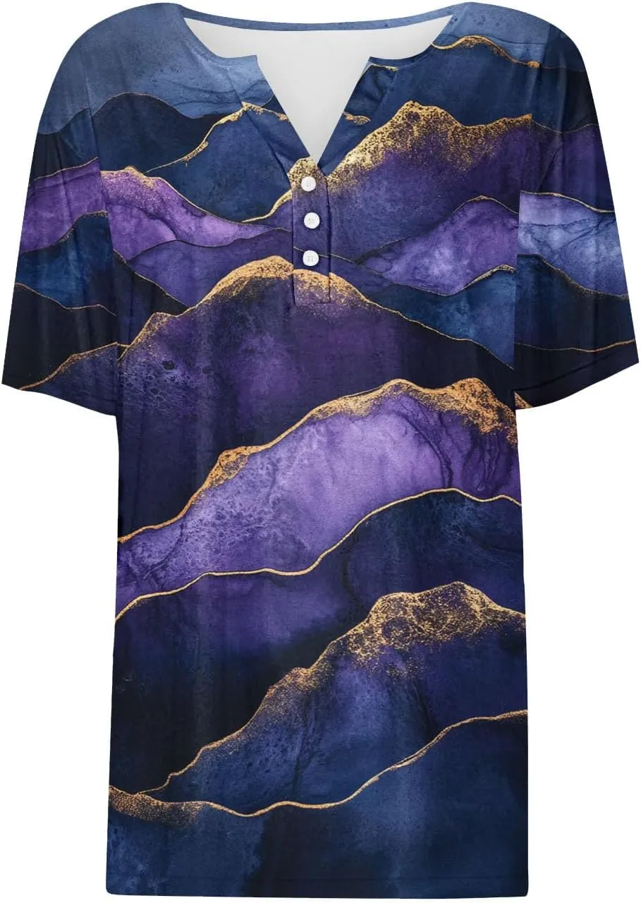 Button Down Shirts for Women Short Sleeve Summer Casual Tops V Neck Floral Print Henley Tshirt Trendy Tunic Blouses