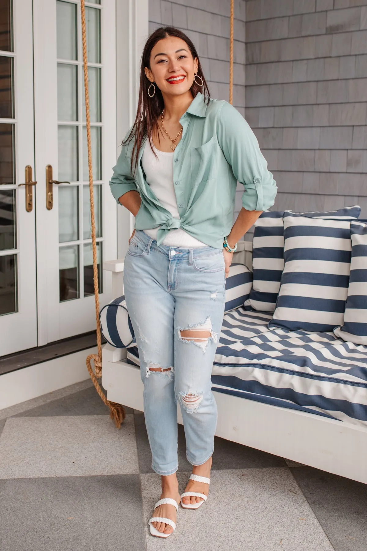 Button Up Roll Tab Sleeves Light Blue/Green Blouse by 143 STORY