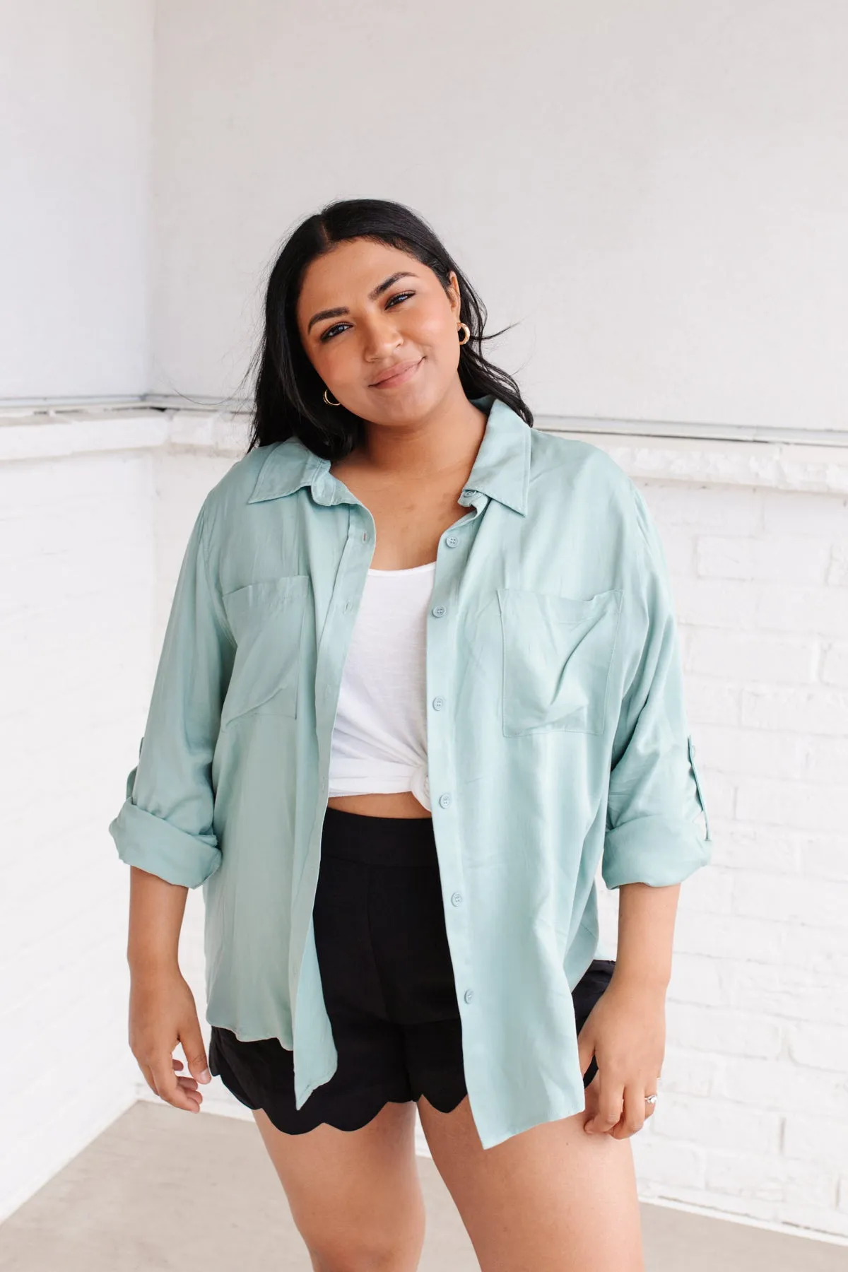 Button Up Roll Tab Sleeves Light Blue/Green Blouse by 143 STORY