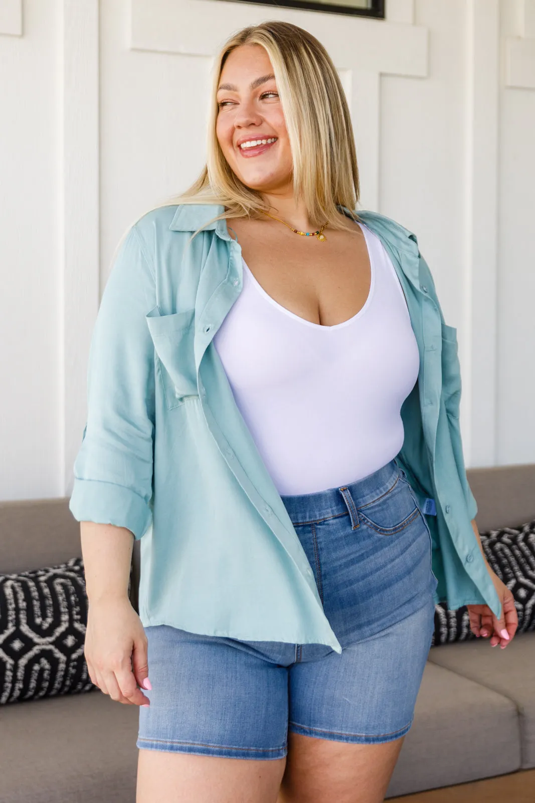Button Up Roll Tab Sleeves Light Blue/Green Blouse by 143 STORY