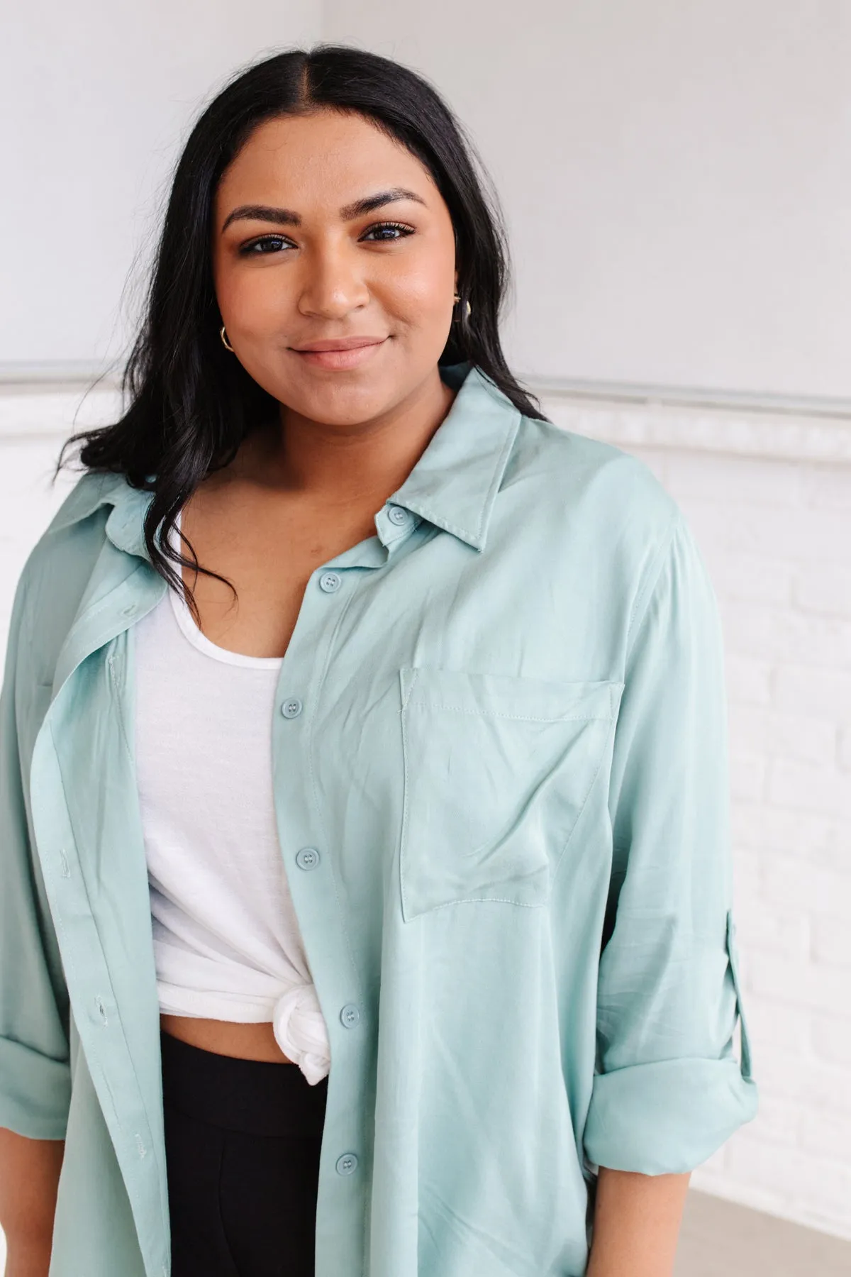 Button Up Roll Tab Sleeves Light Blue/Green Blouse by 143 STORY