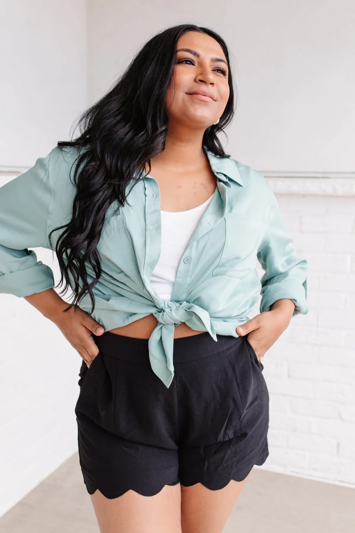 Button Up Roll Tab Sleeves Light Blue/Green Blouse by 143 STORY