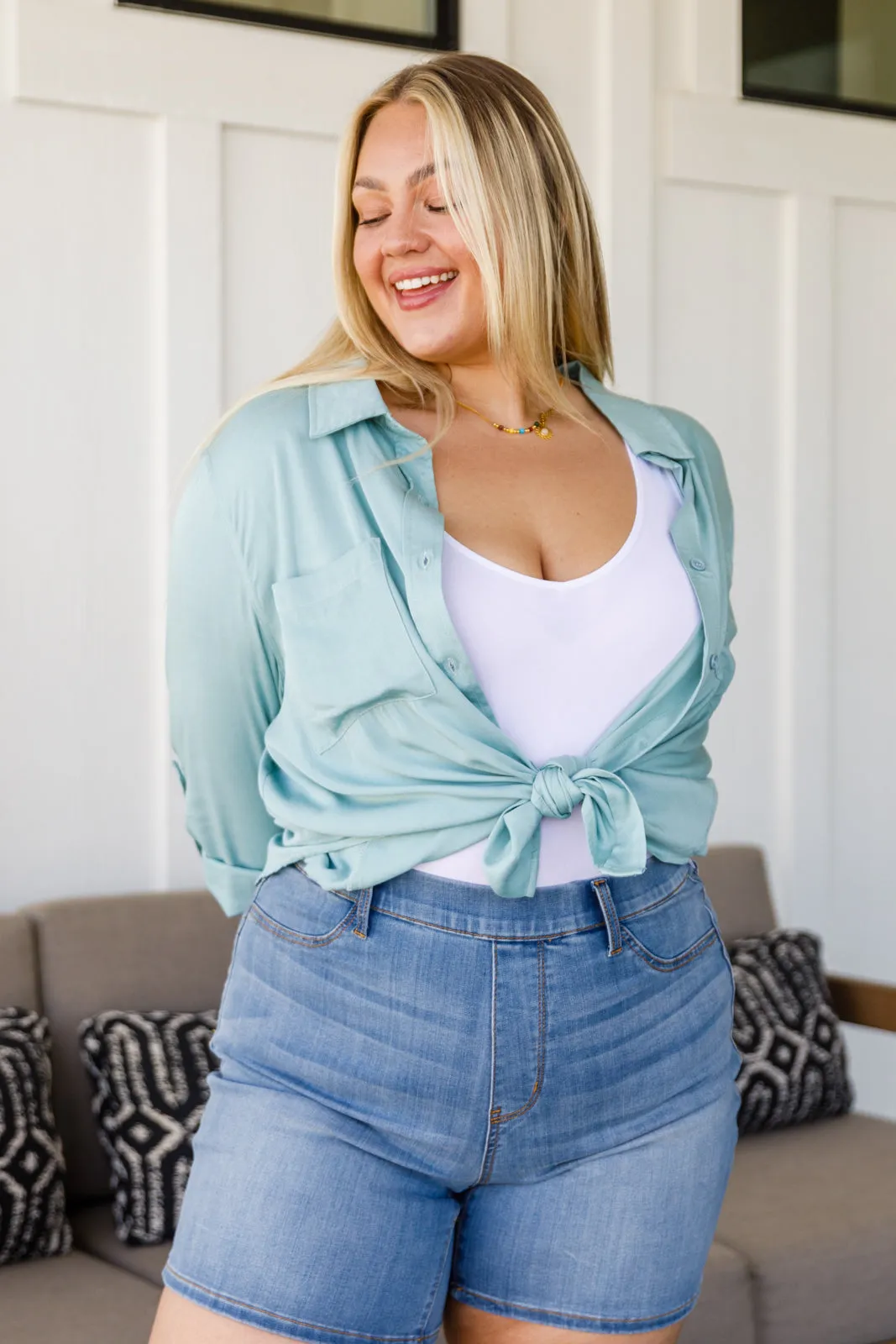 Button Up Roll Tab Sleeves Light Blue/Green Blouse by 143 STORY