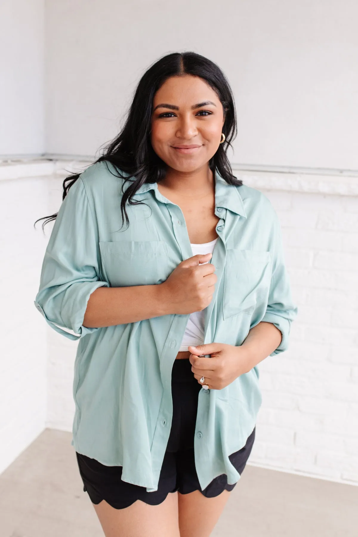 Button Up Roll Tab Sleeves Light Blue/Green Blouse by 143 STORY