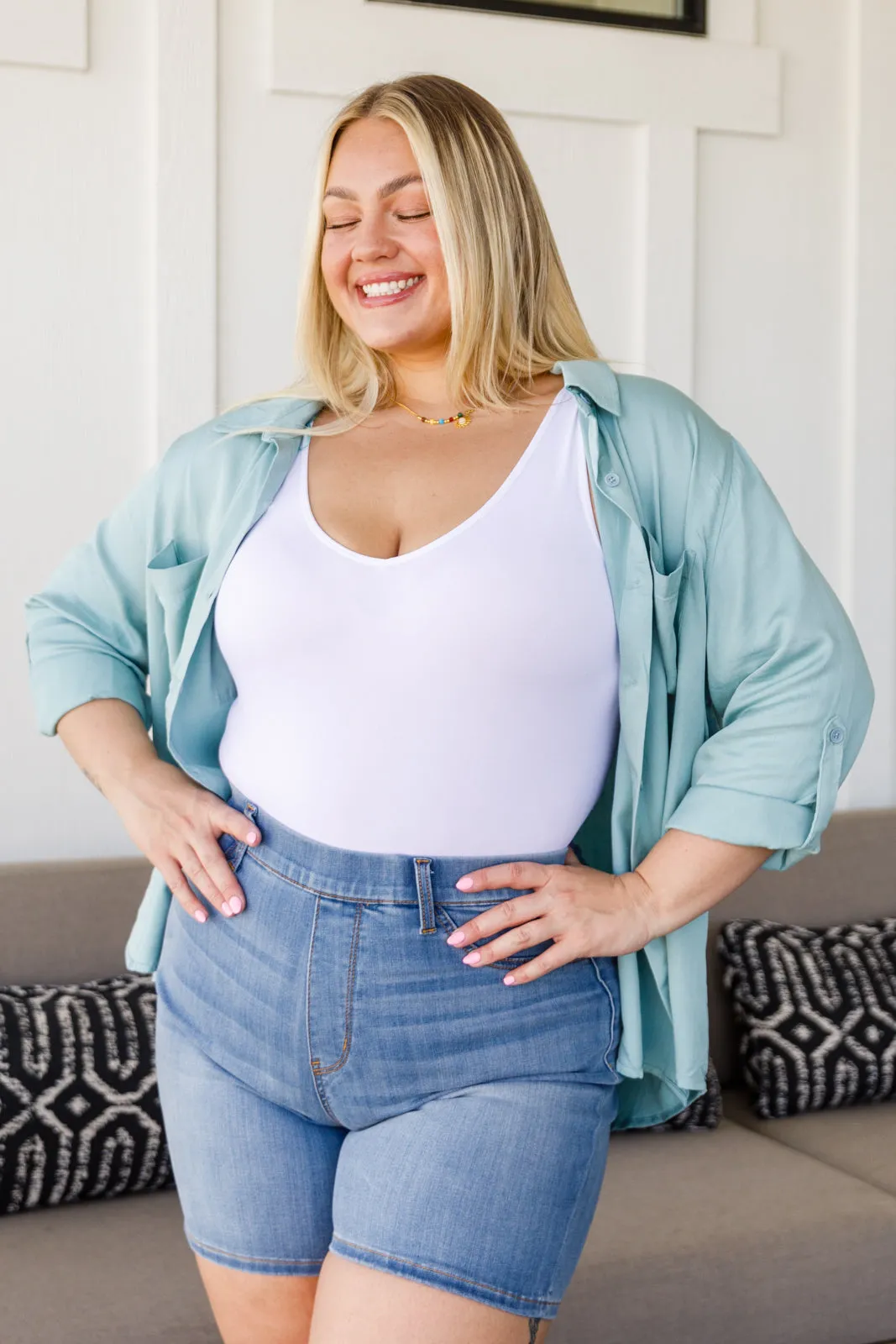 Button Up Roll Tab Sleeves Light Blue/Green Blouse by 143 STORY