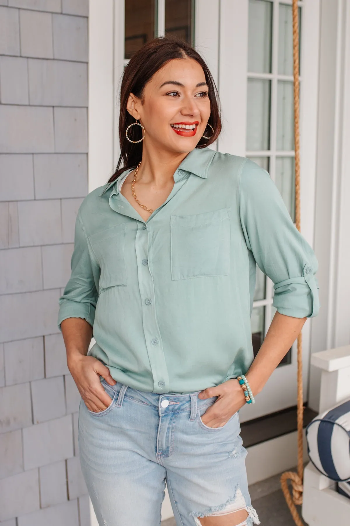 Button Up Roll Tab Sleeves Light Blue/Green Blouse by 143 STORY