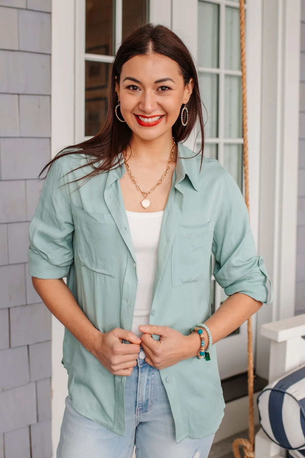 Button Up Roll Tab Sleeves Light Blue/Green Blouse by 143 STORY