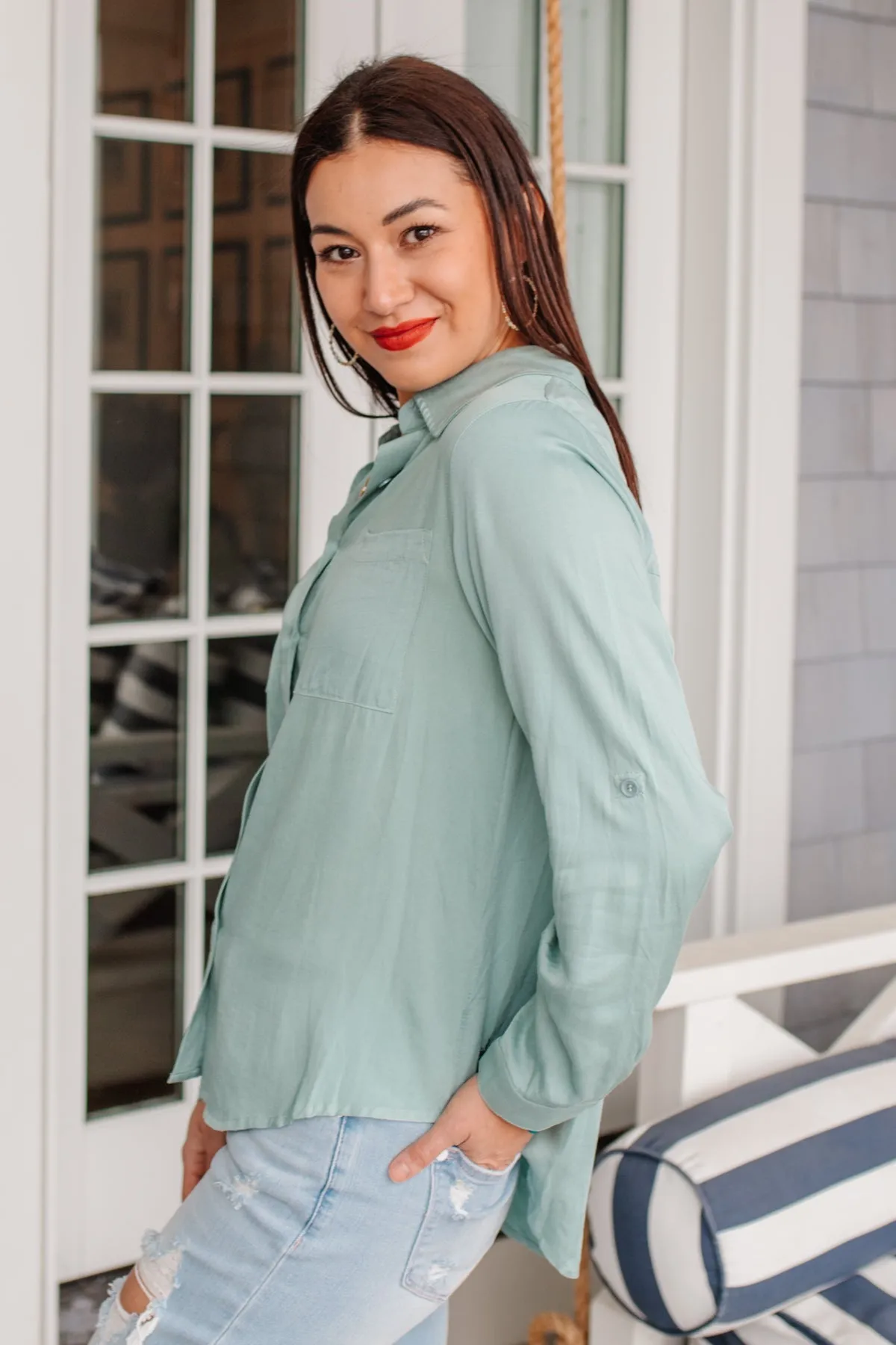 Button Up Roll Tab Sleeves Light Blue/Green Blouse by 143 STORY