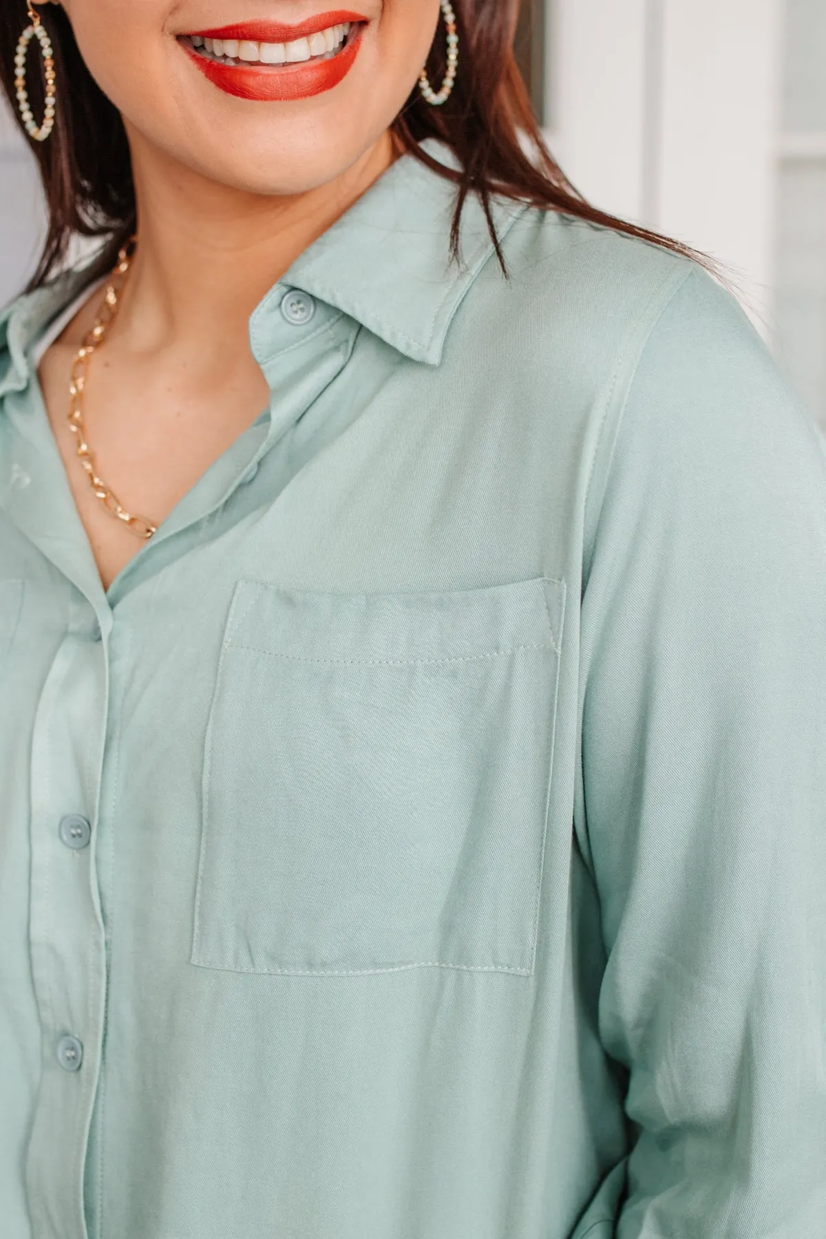 Button Up Roll Tab Sleeves Light Blue/Green Blouse by 143 STORY