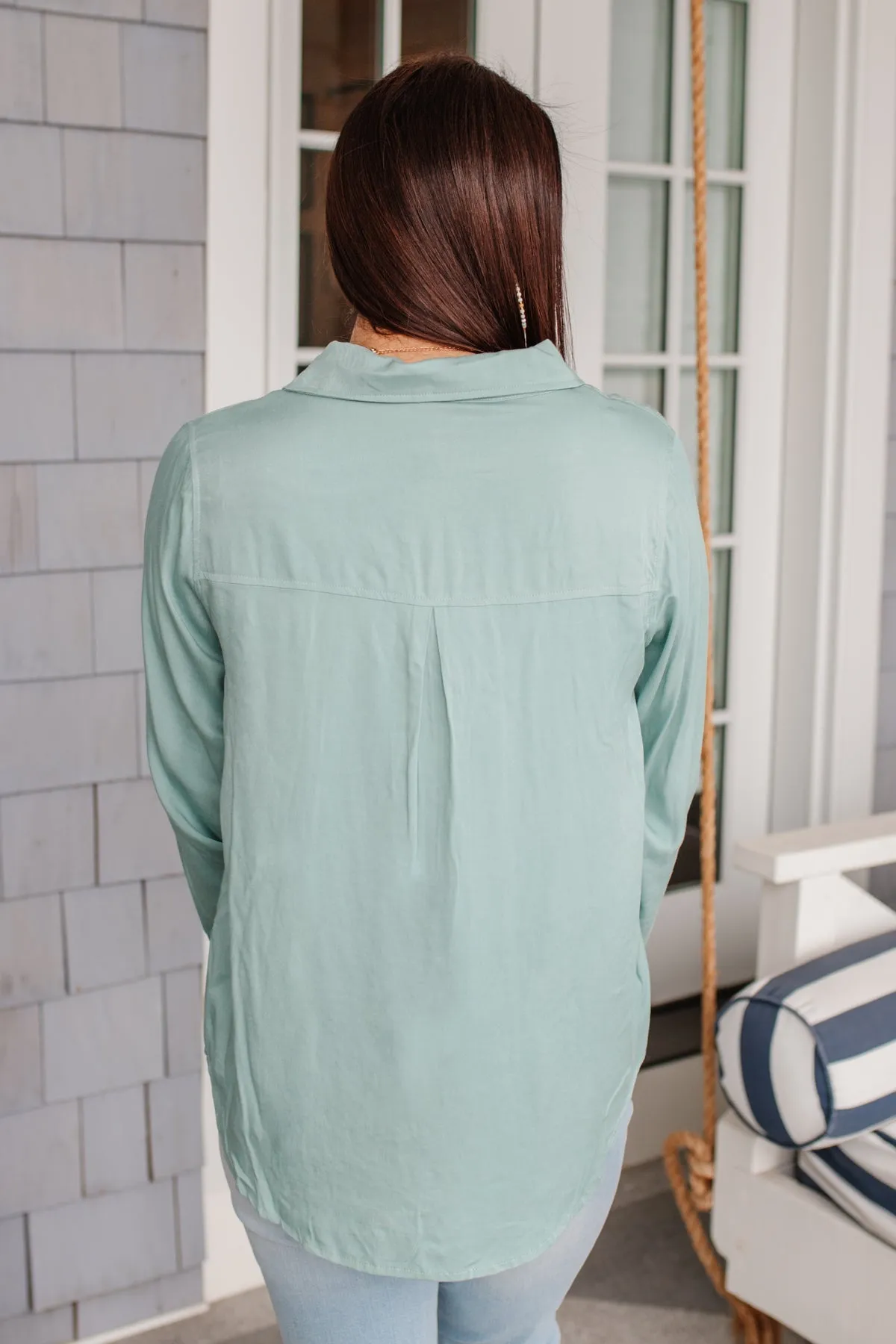 Button Up Roll Tab Sleeves Light Blue/Green Blouse by 143 STORY