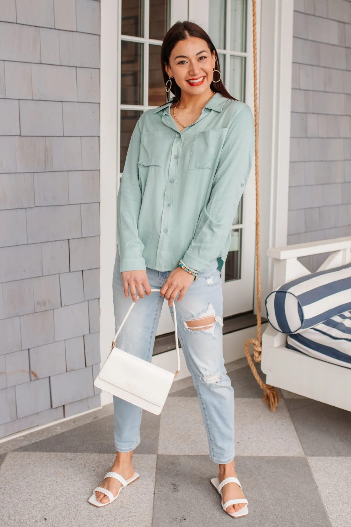 Button Up Roll Tab Sleeves Light Blue/Green Blouse by 143 STORY