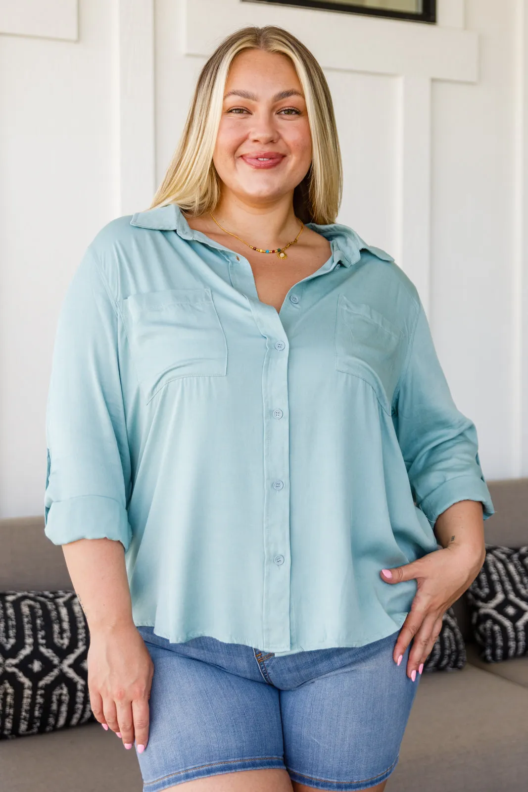 Button Up Roll Tab Sleeves Light Blue/Green Blouse by 143 STORY